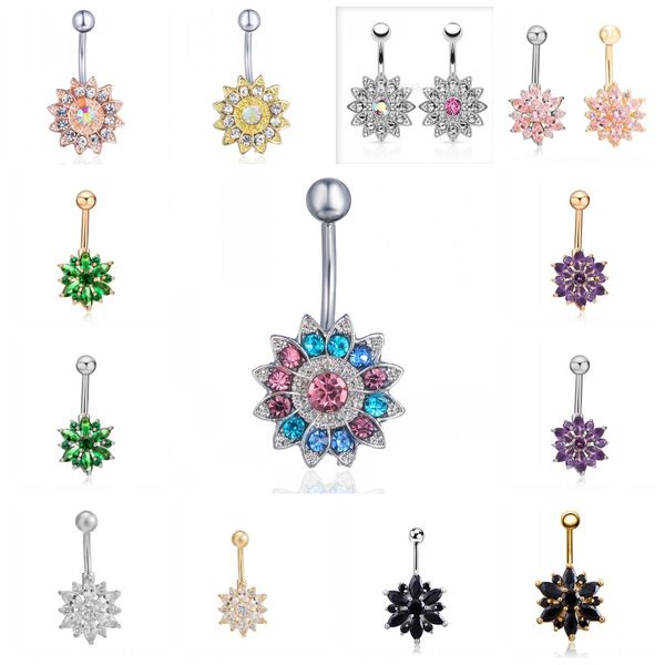 

opal lotus belly piercing belly button rings navel piercing ombligo body jewelry flower belly ring pircing earring, Silver