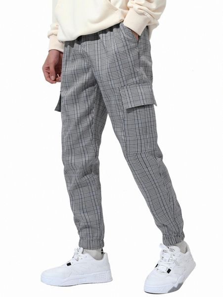 

men plaid flap pocket side drawstring waist pants 54ck#, Black