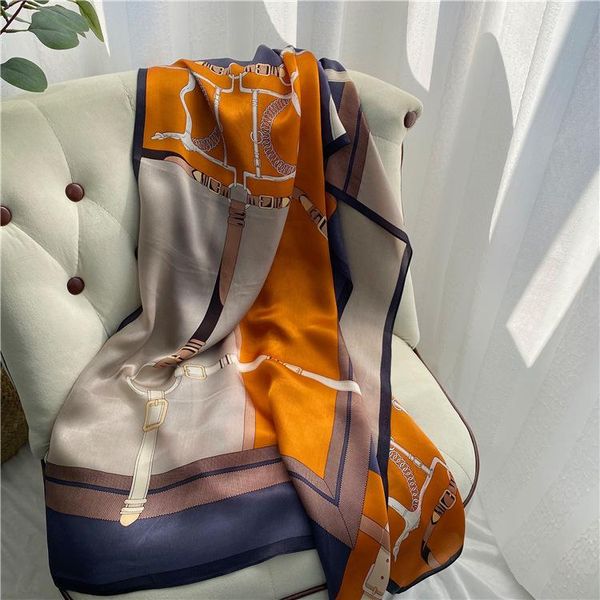 

scarves 100% pure silk scarf designer shawl foulard women long natural wraps digital print hijab 2021, Blue;gray