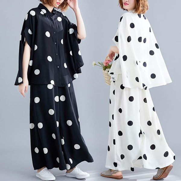 

women's tracksuits plus size women sets summer autumn shirt loose casual big wide leg pants two piece set polka dot print suit, Gray