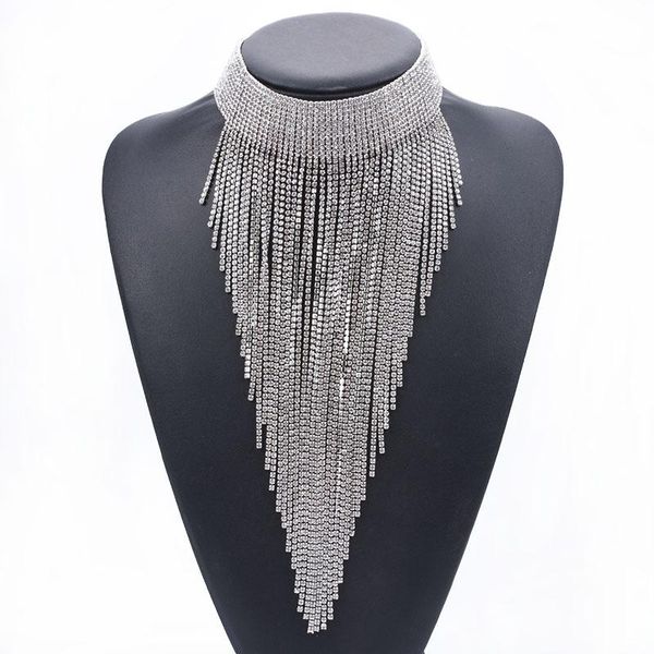 

chokers luxury full rhinestone chain tassel choker necklace women maxi long pendants jewelry boho ethnic large, Golden;silver