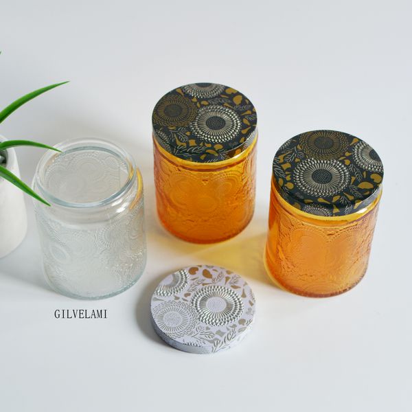 

7oz amber clear glass candle jar bottles nice pattern metal lids cosmetic body butter oil packaging fragrance storage wholesale