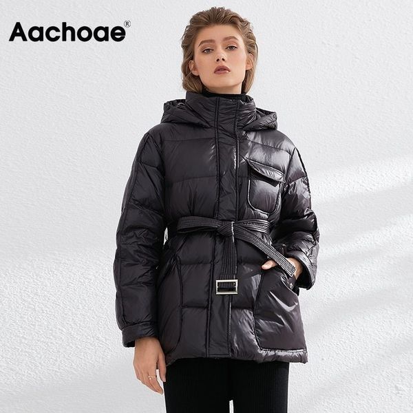 

aachoae women winter ultra light duck down jacket with belt solid warm hoody coat lady casual pocket lightweight puffer jacket 210413, Black