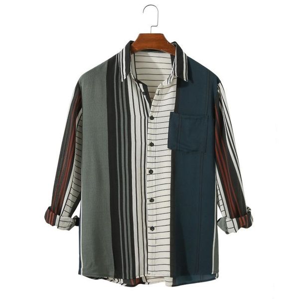 

men's casual shirts mens 2021 wild stripe contrast color matching loose korean version of the trend youth long-sleeved clothing, White;black
