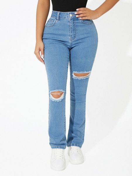 

petite high waist ripped boot-cut leg jeans z3aq#, Blue