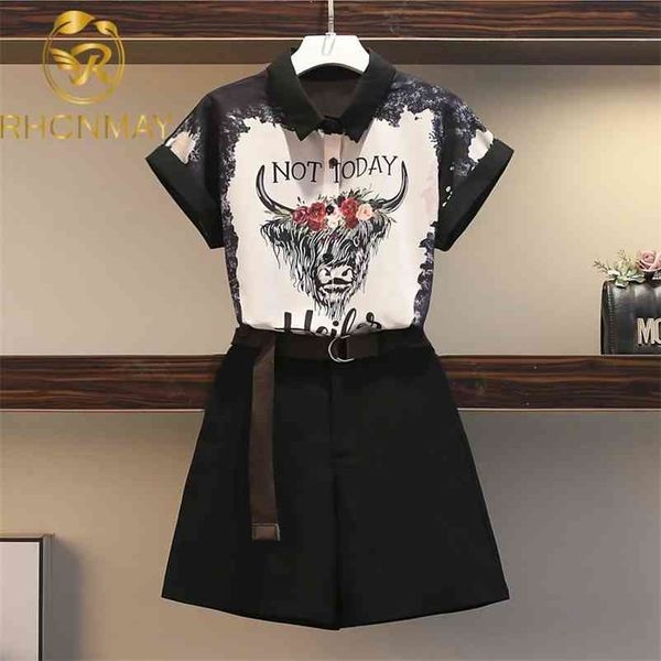 

summer two piece set casual print turn down collar shirt + wide legged shorts fashion elegant 2 piece 210520, White