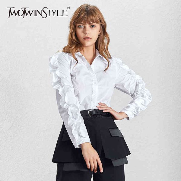 

patchwork ruffle shirt for women lapel long sleeve casual white blouse female fall fashion clothing 210524