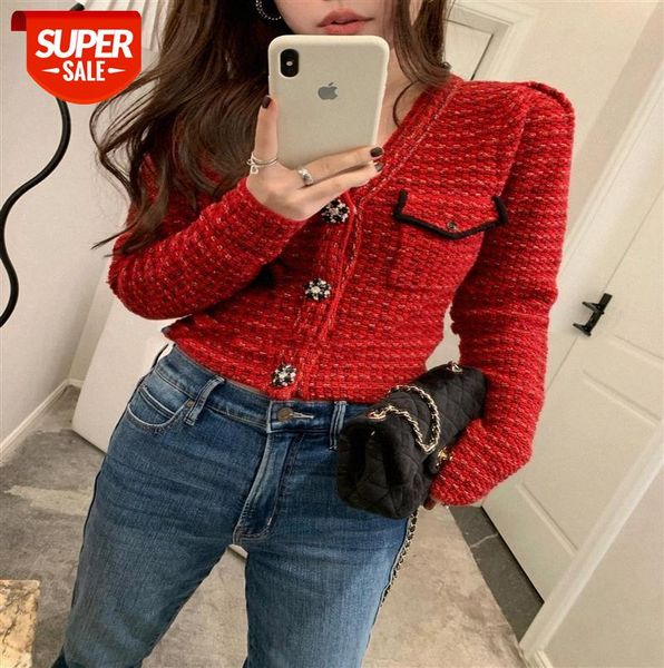

jennie the same french retro sweater, diamond buckle stretch knee-length knitted long-sleeved dress #wd6v, Black