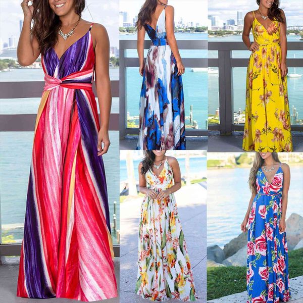 

bohemian v neck sling printing womens dress floral beach long, Black;gray