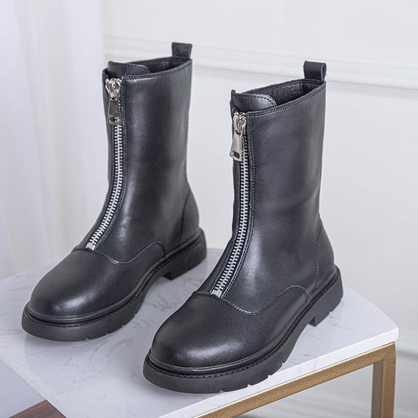 

boots british smoke women's trendy front zipper leather mesh ins thin tube mid boot, Black