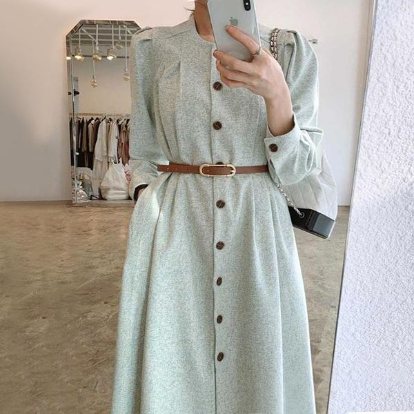 

casual dresses vanovich korean style women dress solid color fashion round neck long-sleeved autumn 2022 chiffon, Black;gray