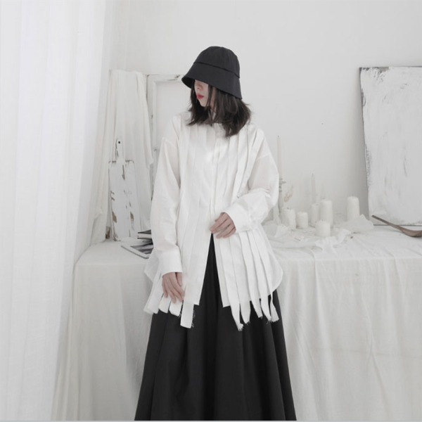 

women's blouses & shirts spring square collar with solid color tassel design long sleeve blouse irregular burr edge, White