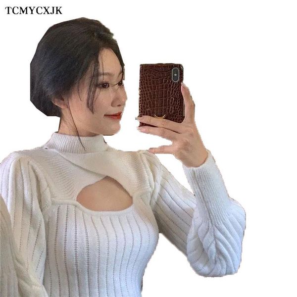 

autumn 2021 half turtleneck sweater women winter knit bottoming shirt slim hollow fashion long sleeve women's sweaters, White;black