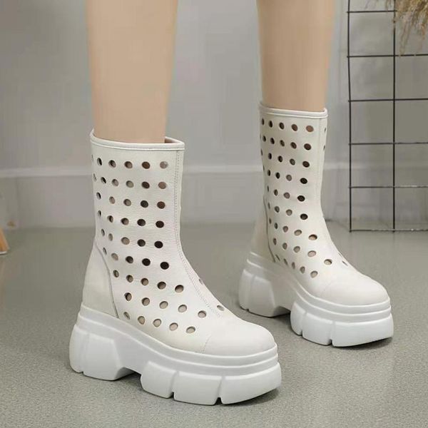 

boots summer women mesh ankle hallow genuine leather wedge sandals high heels platform fashion shoes cowgirl female, Black