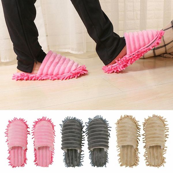 

furry striped lazy floor mopping slippers cleaning foot cleaner slipper soft wearable dusting cover wipe shoes clean tools, Black