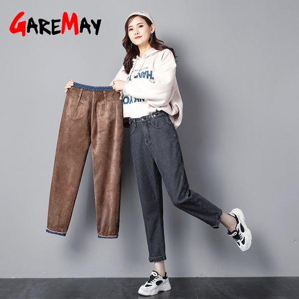 

vintage boyfriend jeans for women high waisted casual velvet ladies trousers winter warm mom plus size black female 210428, Blue