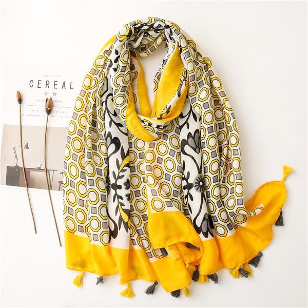 

scarves 2021 women spain fashion yellow geometric tassel viscose shawl scarf print wrap headband bufandas muslim hijab sjaal 180*90cm, Blue;gray
