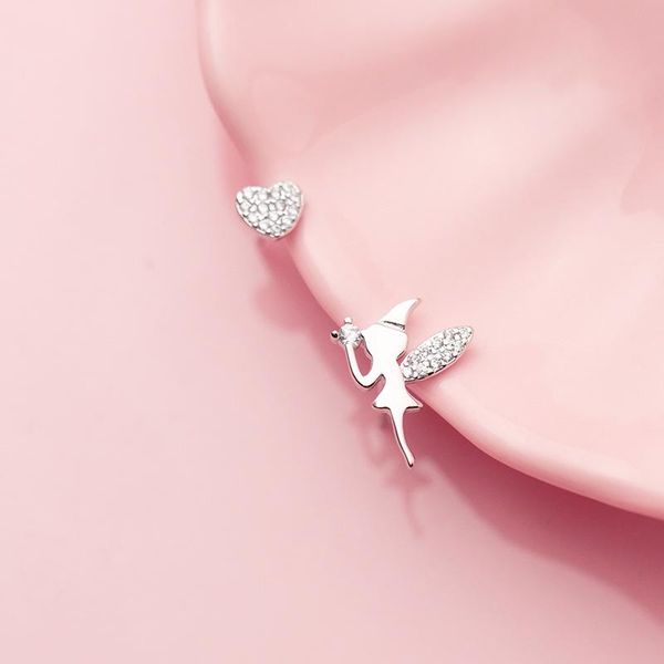 

stud mloveacc genuine 925 sterling silver sweet heart fairy angel wing dazzling cz earring love gift for women girl friends teen, Golden;silver