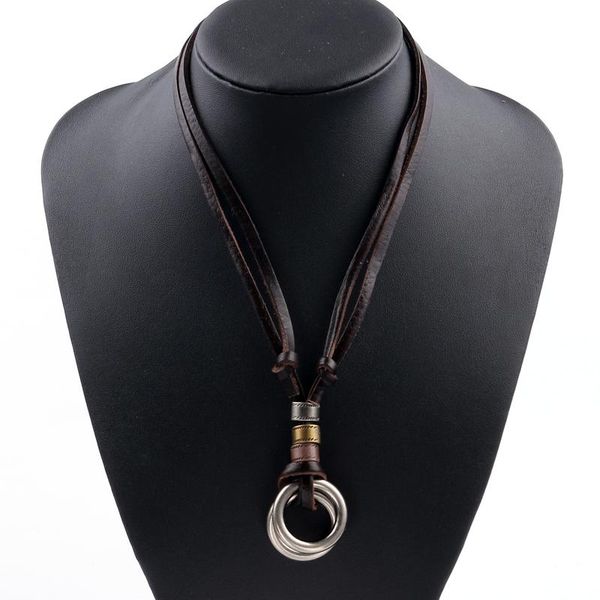 

pendant necklaces original genuine brown leather cord necklace double circle charm choker punk jewelry men and women, Silver