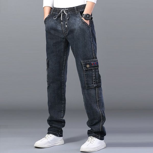 

men's high waist straight large size dinem trouser male black jeans side multi pocket blue loose elastic band cargo pants