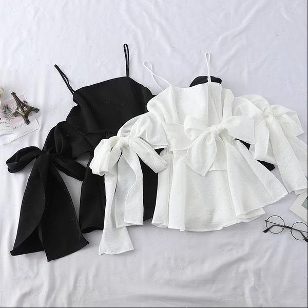 

off shoulder bow knot spaghetti womens blouses straps harajuku white halter summer