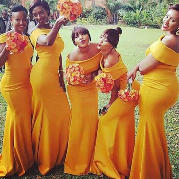 

nigerian african arabic yellow mermaid bridesmaid dresses off shoulder floor length maid of honor gowns evening dresses plus size, White;pink
