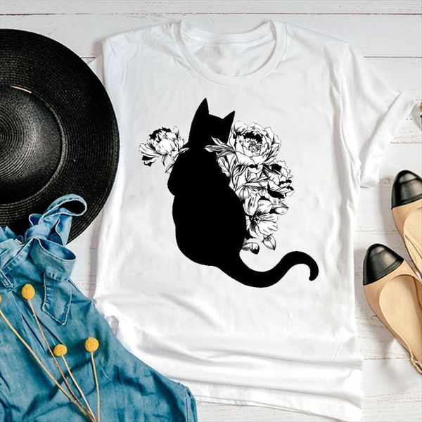 

graphic floral flower cat women funny fashion cute cartoon short sleeve summer print female clothes tees t shirt, White