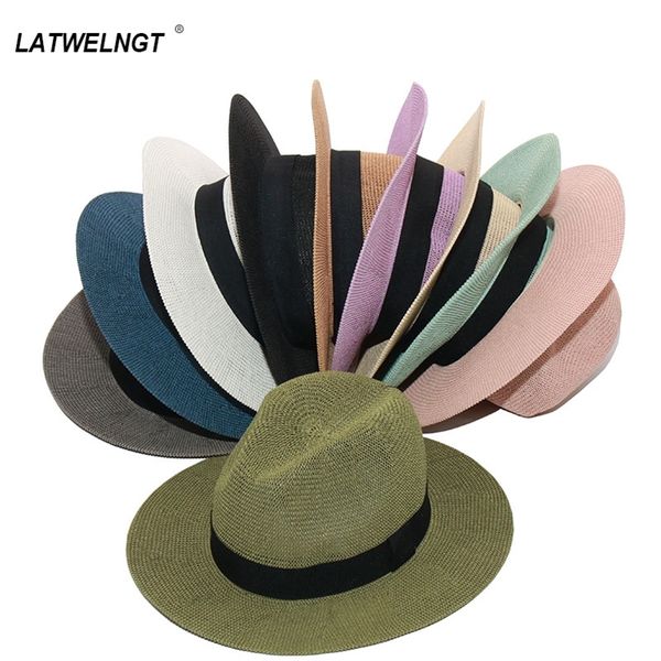 

wholesale summer panama hats for women fashion colorful jazz beach hat cooling ladies summer straw hat s1068 220311, Blue;gray