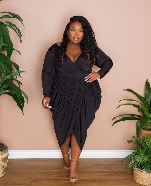 

plus size dresses xl-5xl 2021 fall clothes for women fashion elegant solid color long sleeve v neck wholesale dropshopping, Black
