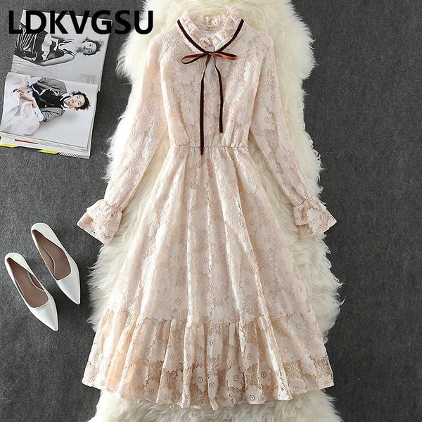 

casual dresses spring lace long sleeve elegant 2021 temperament elastic waist slim solid color large size dress for women party, Black;gray