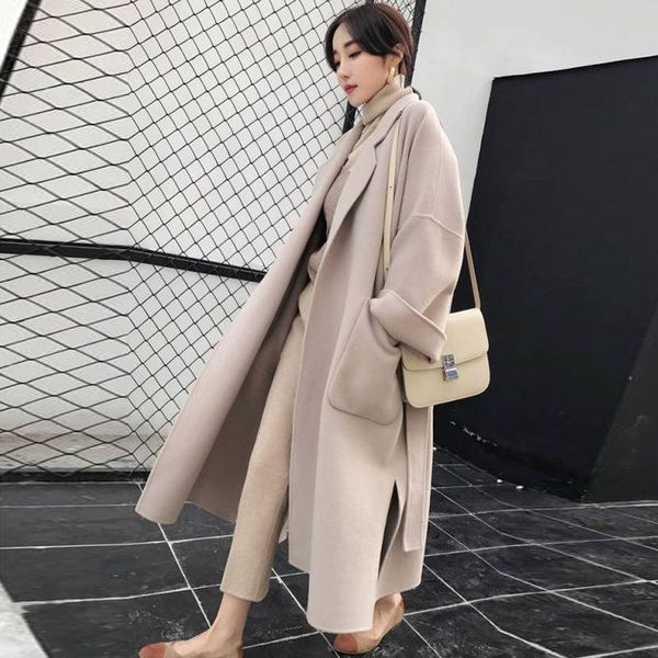 

women's trench coats autumn and winter korean wool coat thickened large woolen loose medium long, Tan;black
