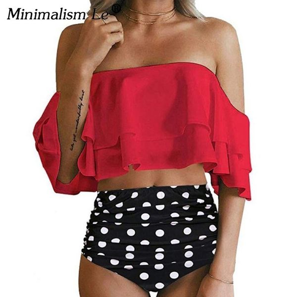 

swimwear minimalism swimsuit le print high waist halter bikini set ruffle shoulder bathing suit women sol, White;black