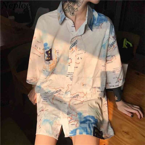 

neploe harajuku streetwear blouse shirt short sleeve turn-down collar digital printing woman man oversized shirts 37776 210401, White