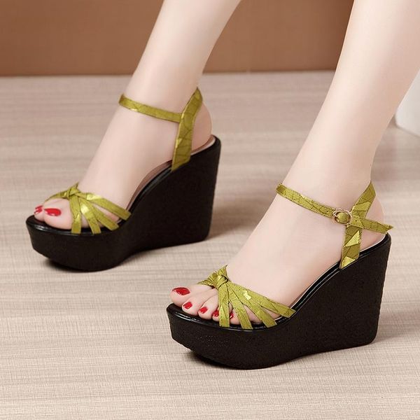 

female shoes sandal summer elegant woman dress 11cm wedges 2021 women platform ladies beach 32 35 37 39 41 43 sandals, Black