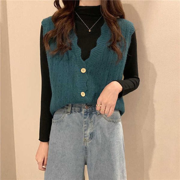 

women's vests autumn solid knitted vest for women single brreasted sleeveless jacket female deep v neck office ladies casual outwear jw, Black;white