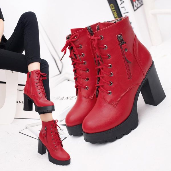 

boots 2021 fashion black red grey ankle women spring autumn lace-up soft leather platform shoes woman party hig