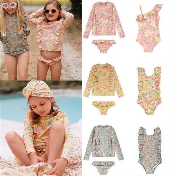 

kids swimwear sets summer lm brand girls cute flower print long sleeve swimsuits baby toddler beach holiday clothing, White