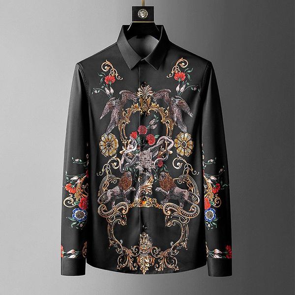 

men's casual shirts trend european long sleeve v-neck digital printing drilling shirt slim men wear in all seasons, White;black