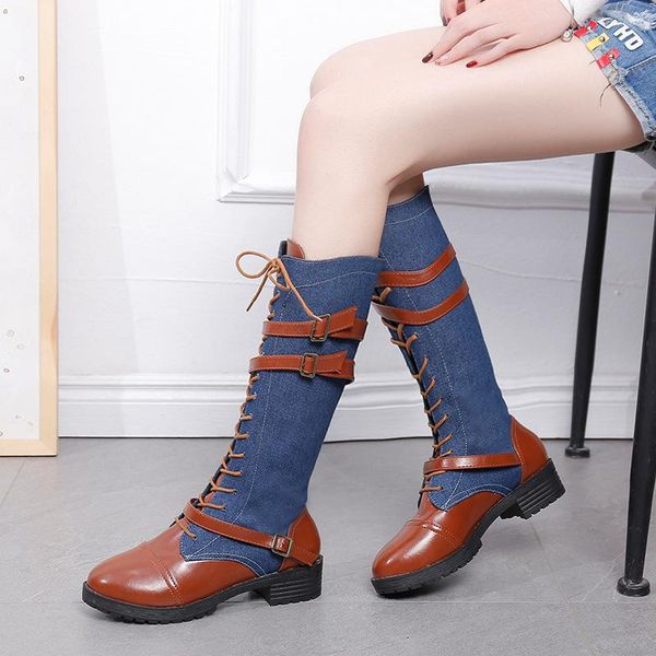 

women shoes mid-calf boots spring/autumn vintage lace-up high heel blue black denim for 2021