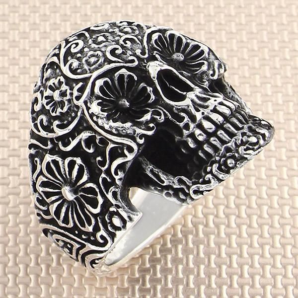 

skull silver ring with flowers motif men made in turkey solid 925 sterling cluster rings, Golden;silver