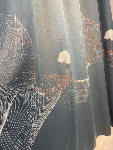 

chinese style big mountain curtains abstract pattern cotton and linen shading jacquard blue green modern curtain & drapes