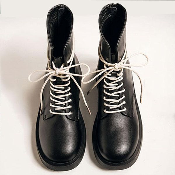 

boots womens leather british style lace-up low-heel short trendy cool all-match back zipper ankle black shoes