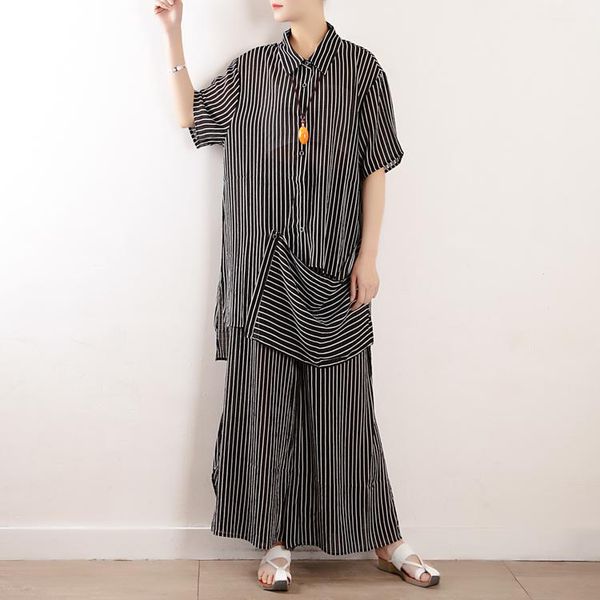 

women's tracksuits two piece shirts and pants sets 2021 summer elastic waist striped print chiffon wide leg 2 set short sleeve outfits, Gray