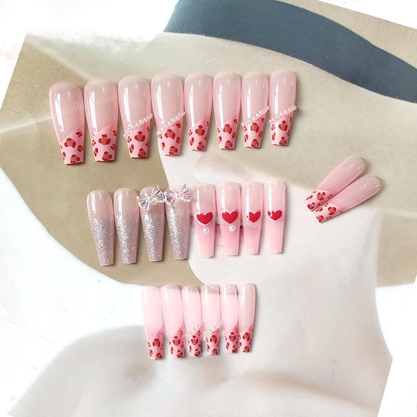 

false nails 24pcs red leopard nail patch glue type removable long paragraph fashion manicure save time teea889, Red;gold