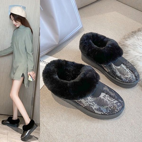 

36-42 big size winter women's snow boots short cylinder one foot with pile thickening outdoor non-slip cotton shoes, Black