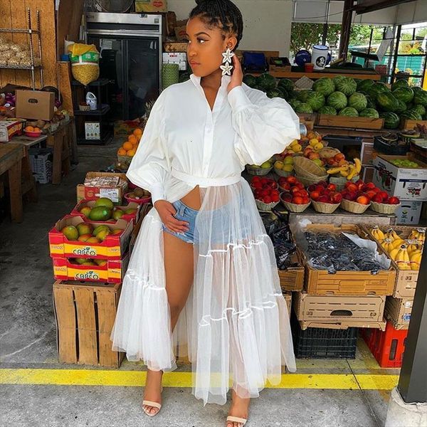 

plus size white long women dress shirt clothing korean streetwear puff sleeve patchwork mesh autumn casual party, Black;gray