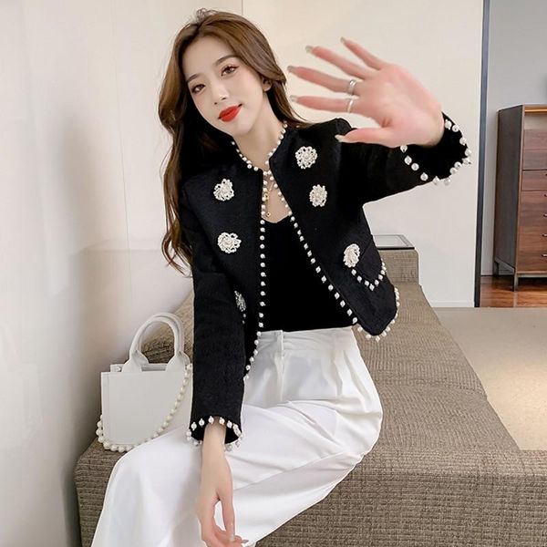 

women's jackets runway fall coat for casual o neck long sleeve jacket female fashion tweed beaded outwear casacos, Black;brown