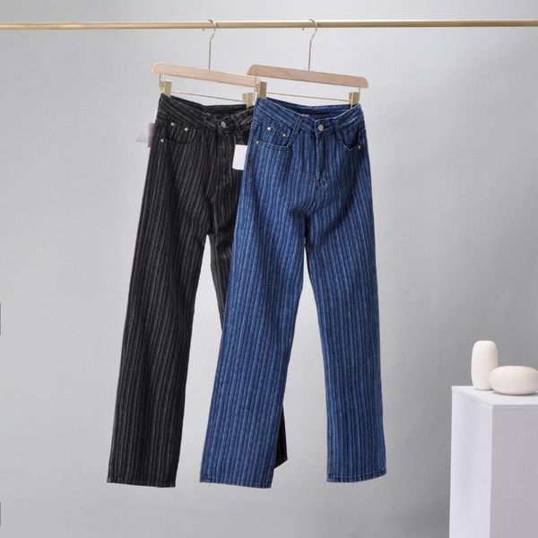 

women's jeans fall/winter 2021 large w jacquard high waist loose straight tube slim vertical stripe casual pants, Blue
