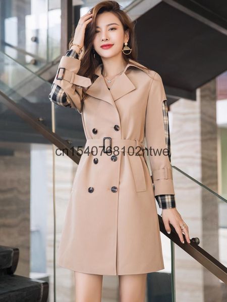 

plaid windbreaker women's mid long 2021 autumn winter product exquisite fashion lapel coat large size 20801 trench coats, Tan;black