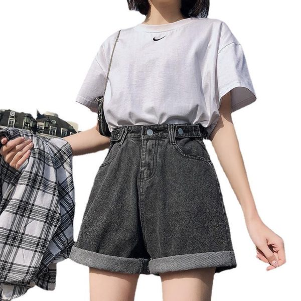 

women's shorts summer women high waist button wigh leg jeans casual female loose fit blue denim, White;black